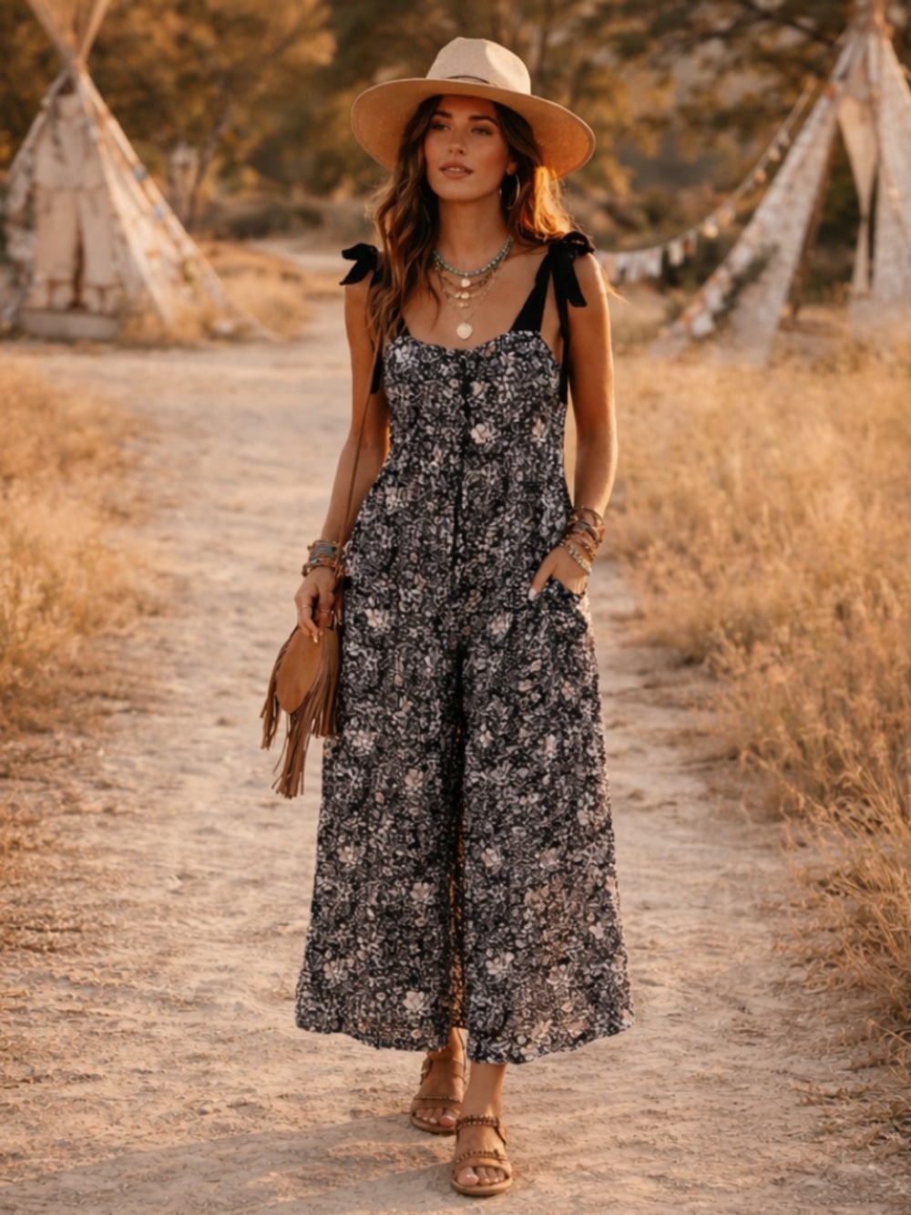 Free People Floral Tie Shoulder Romper Maxi Black & White | Neutral Boho | XS